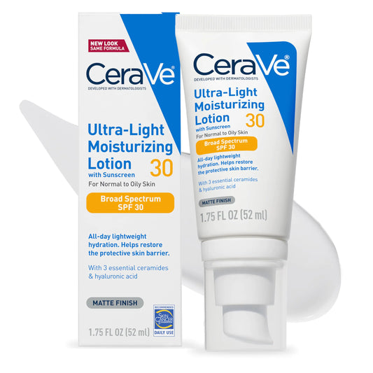 CeraVe Ultra-Light Moisturizing Lotion With SPF 30 Daily Face Moisturizer with SPF Formulated with Hyaluronic Acid & Ceramides Broad Spectrum SPF Oil Free Matte Finish 1.7 Ounce