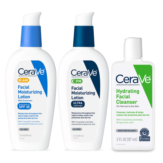 CeraVe AM Face Moisturizer with SPF PM Facial Moisturizer & Hydrating Face Wash Skin Care Routine for Morning & Night Travel Size Toiletries 3oz Lotion + 3oz Lotion + 3oz Cleanser