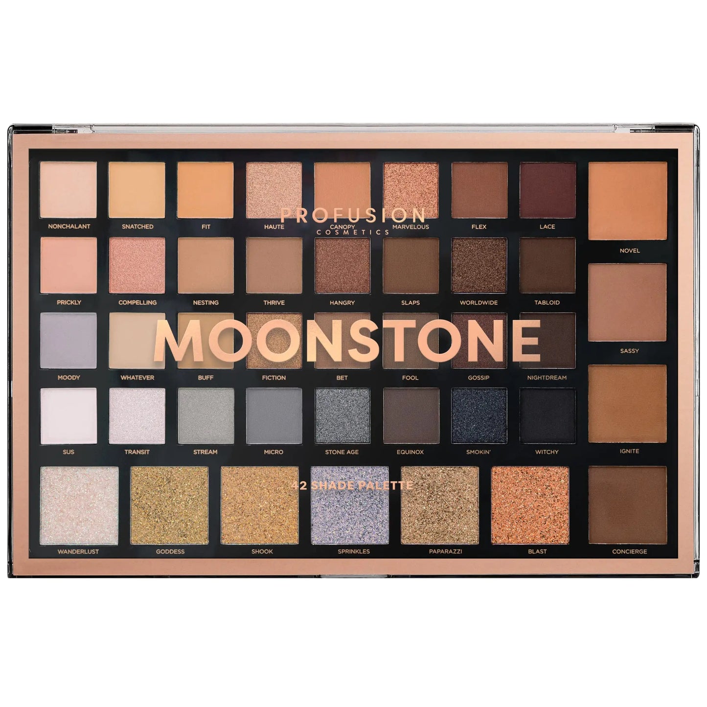 Profusion Cosmetics Moonstone 42 Shade Palette Matte Satin Shimmer Metallic Nude Smoky Eyeshadow Pallete Beauty Cosmetics Highly Pigment Powder Long Lasting Blendable