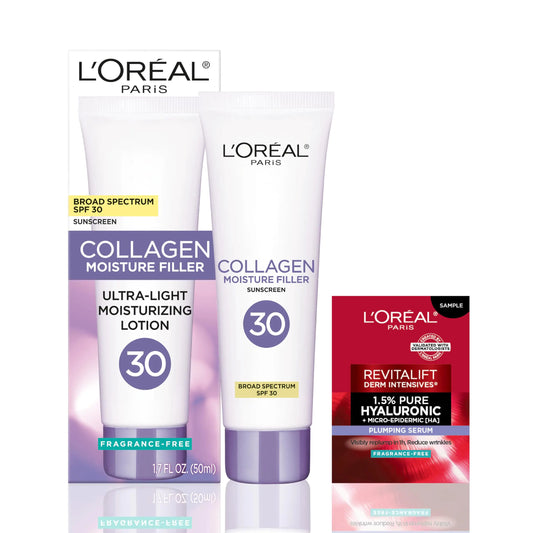 LOreal Paris Collagen Moisture Filler Face Cream with Broad Spectrum SPF 30 Anti-Aging Face Moisturizer and Daily Sunscreen For Face Includes Face Serum Sample